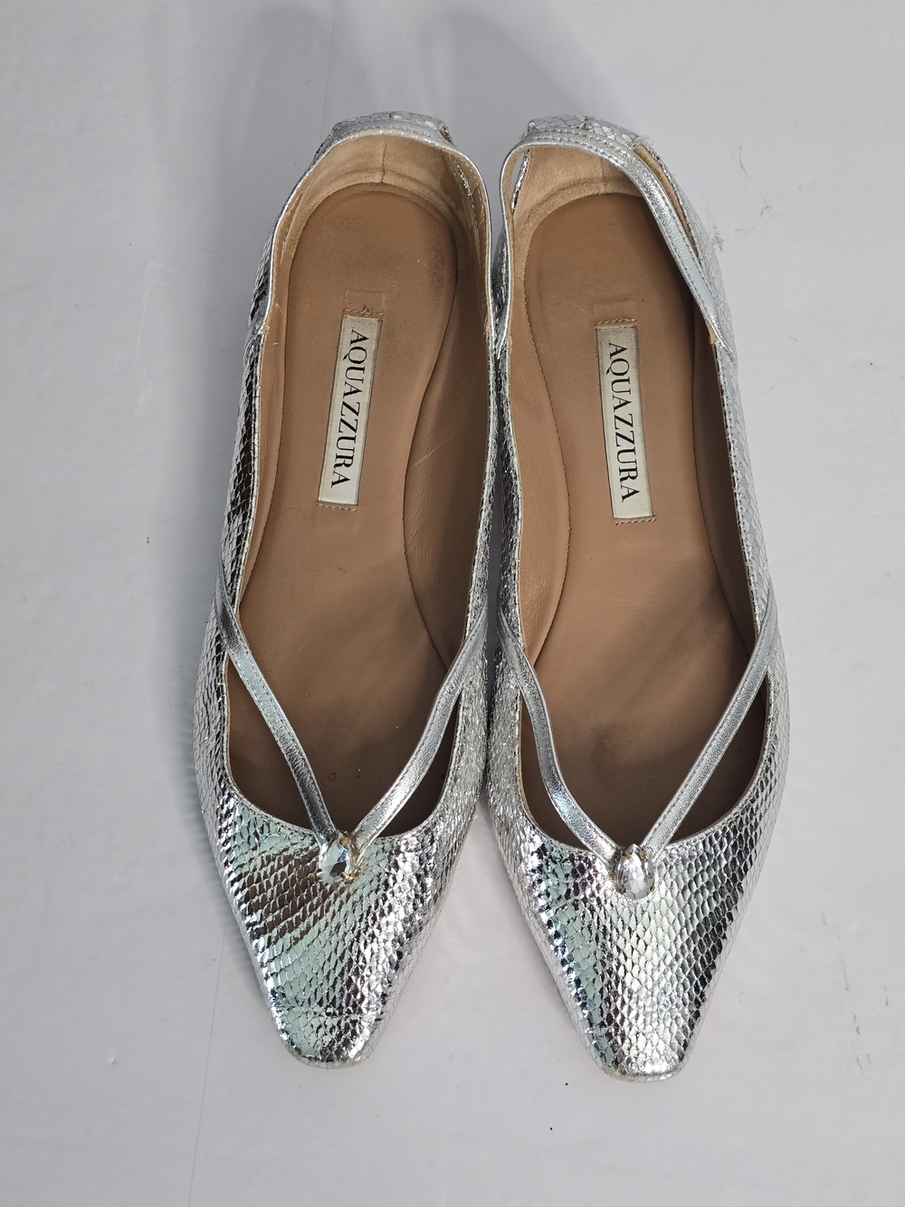 Aquazzura Silver Metallic Croc Leather Flats W/Rhinestone